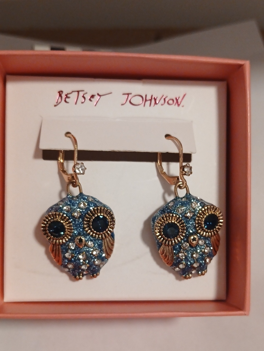 Betsey Johnson Blue Crystal Owl Dangle Earrings